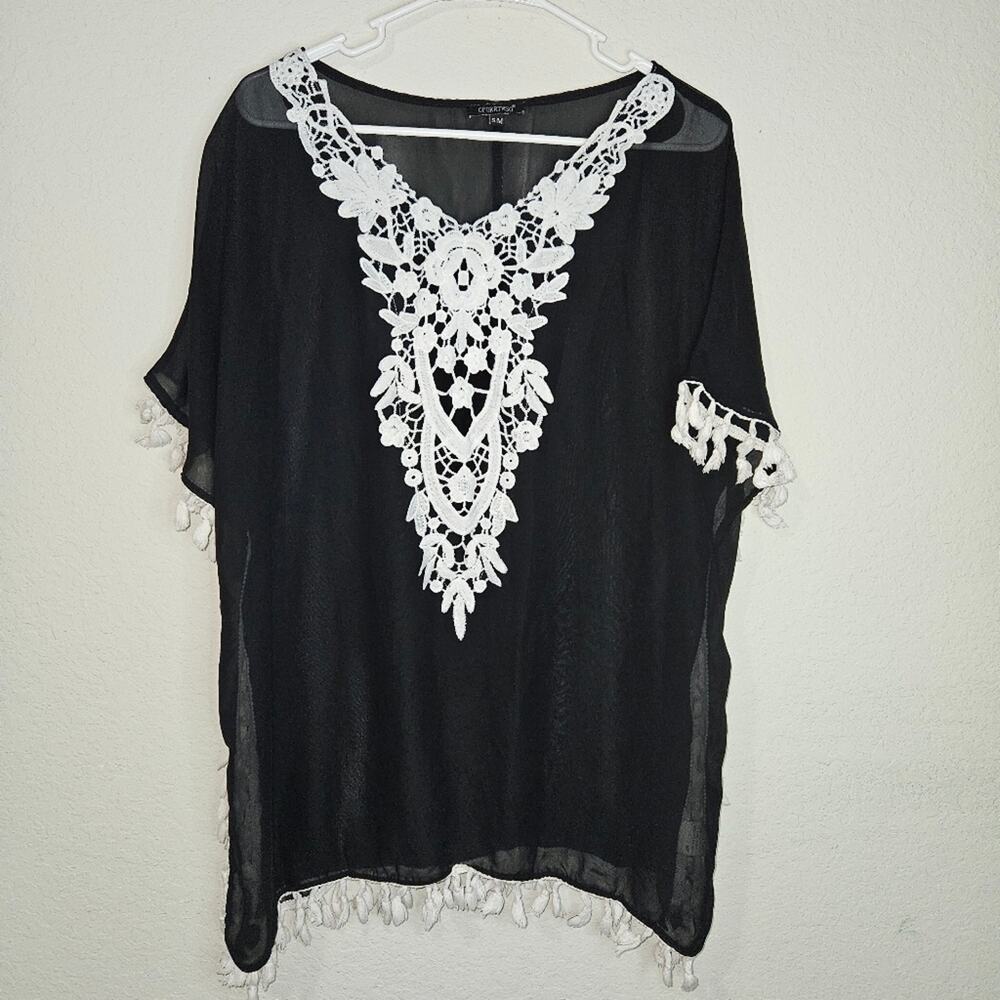 CPOKRTWSO Women’s Crochet Chiffon Tassel Swimsuit Cover Ups Black & White SZ S/M